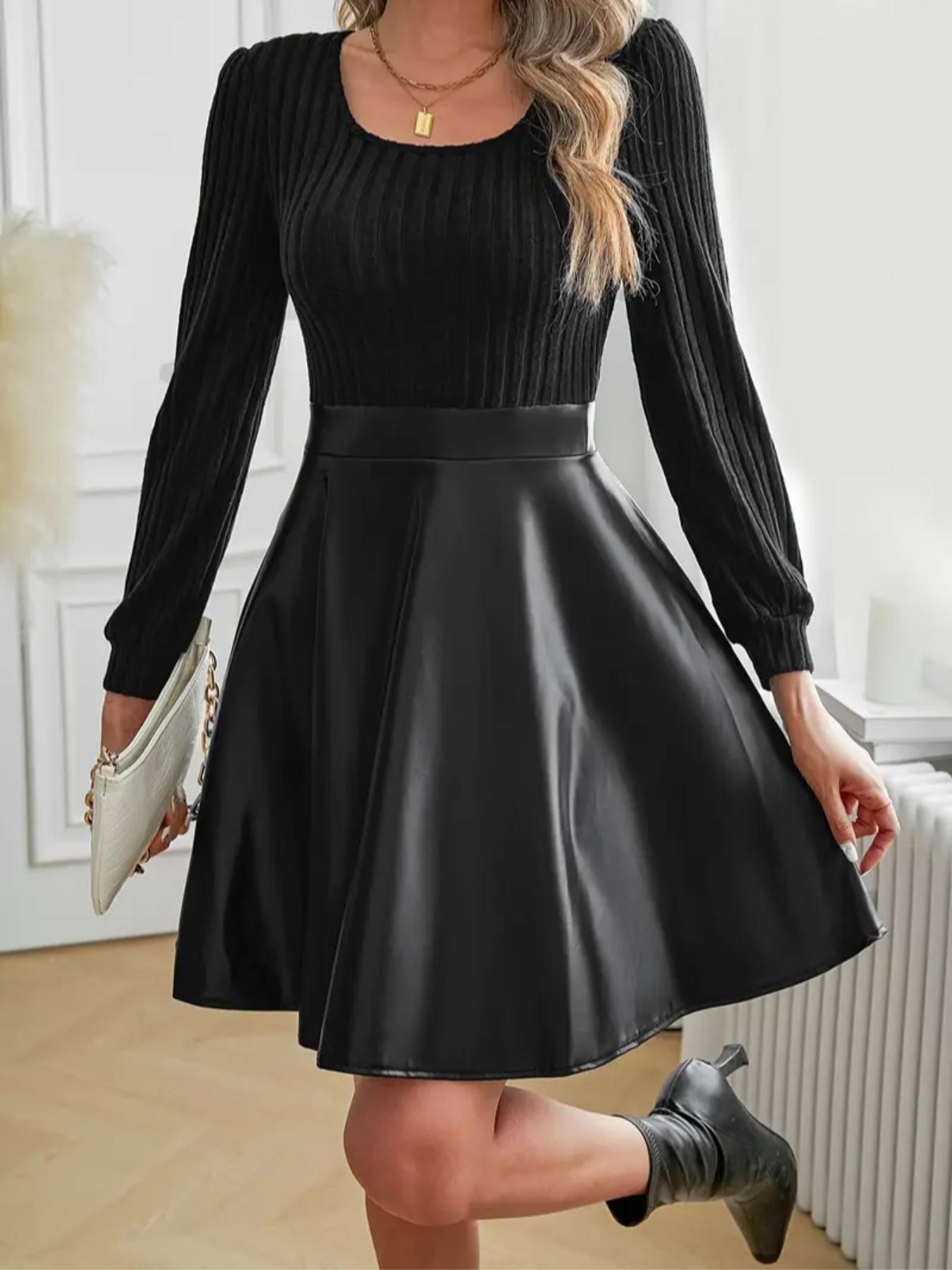 New European Style Casual Women's Patchwork A-Line Dress, Elegant Long Sleeve Maxi Dress, Perfect for Spring & Fall Seasons