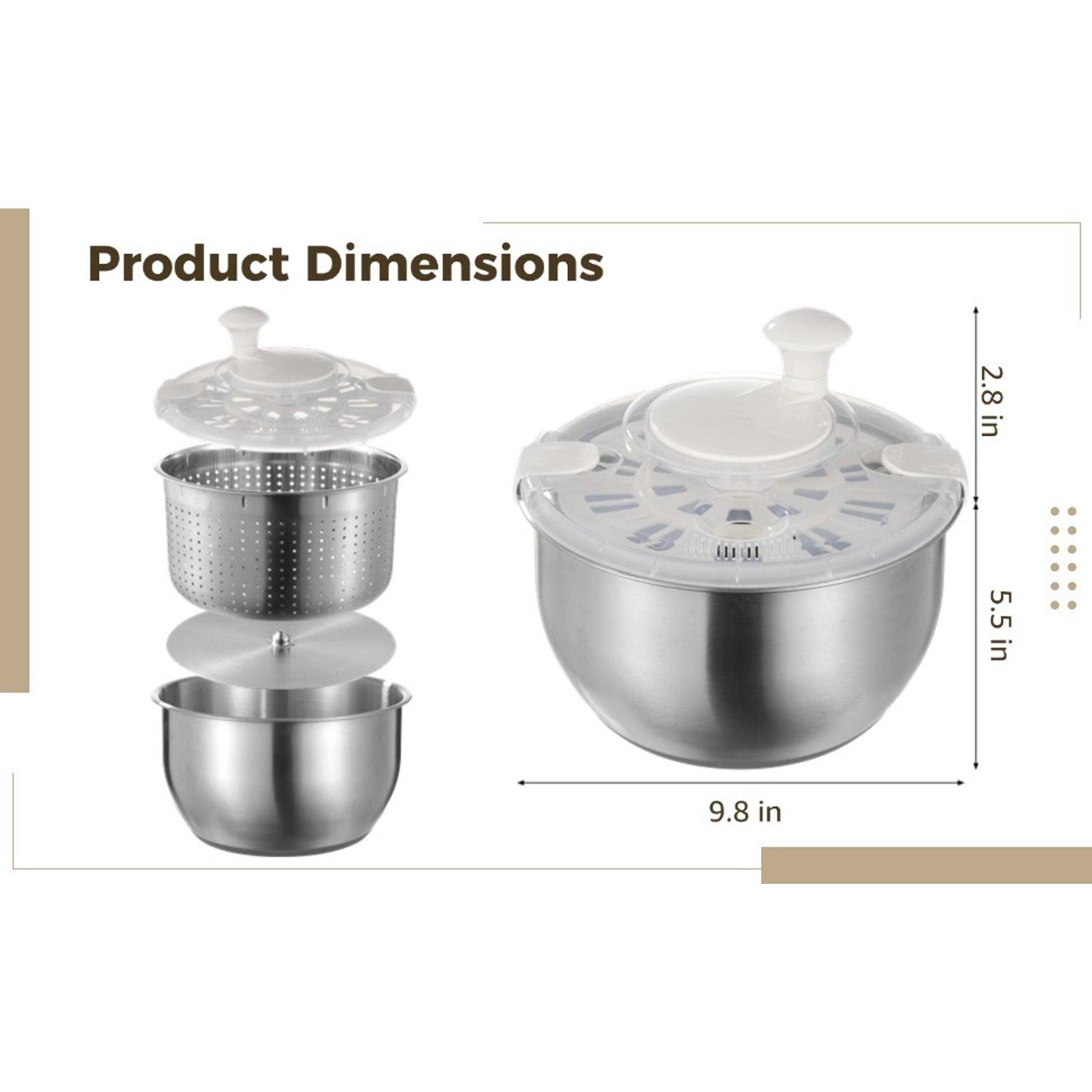 Large Stainless Steel Salad Spinner, Lettuce Spinner Vegetable Strainer Set, Fruit Straining Spinner with Self-Locking Lid