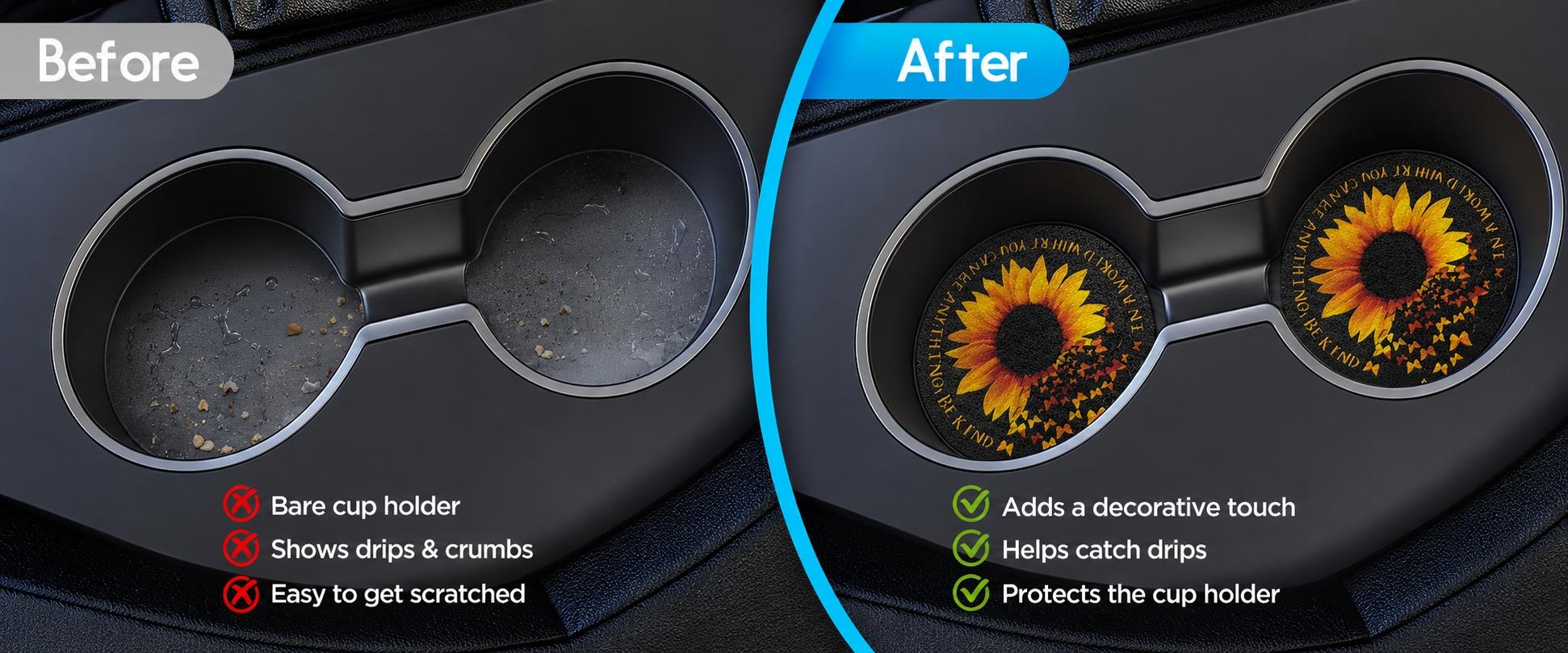 2PCS Sunflower Car Cup Holder Coasters, 2.56 Inch Non-Slip Car Cup Holder Inserts, Absorbent Drink Mats for Water Bottles, Coffee Cups, Aesthetic Car Accessory, Automotive Interior Accessories for Cars, SUVs, Trucks & RVs