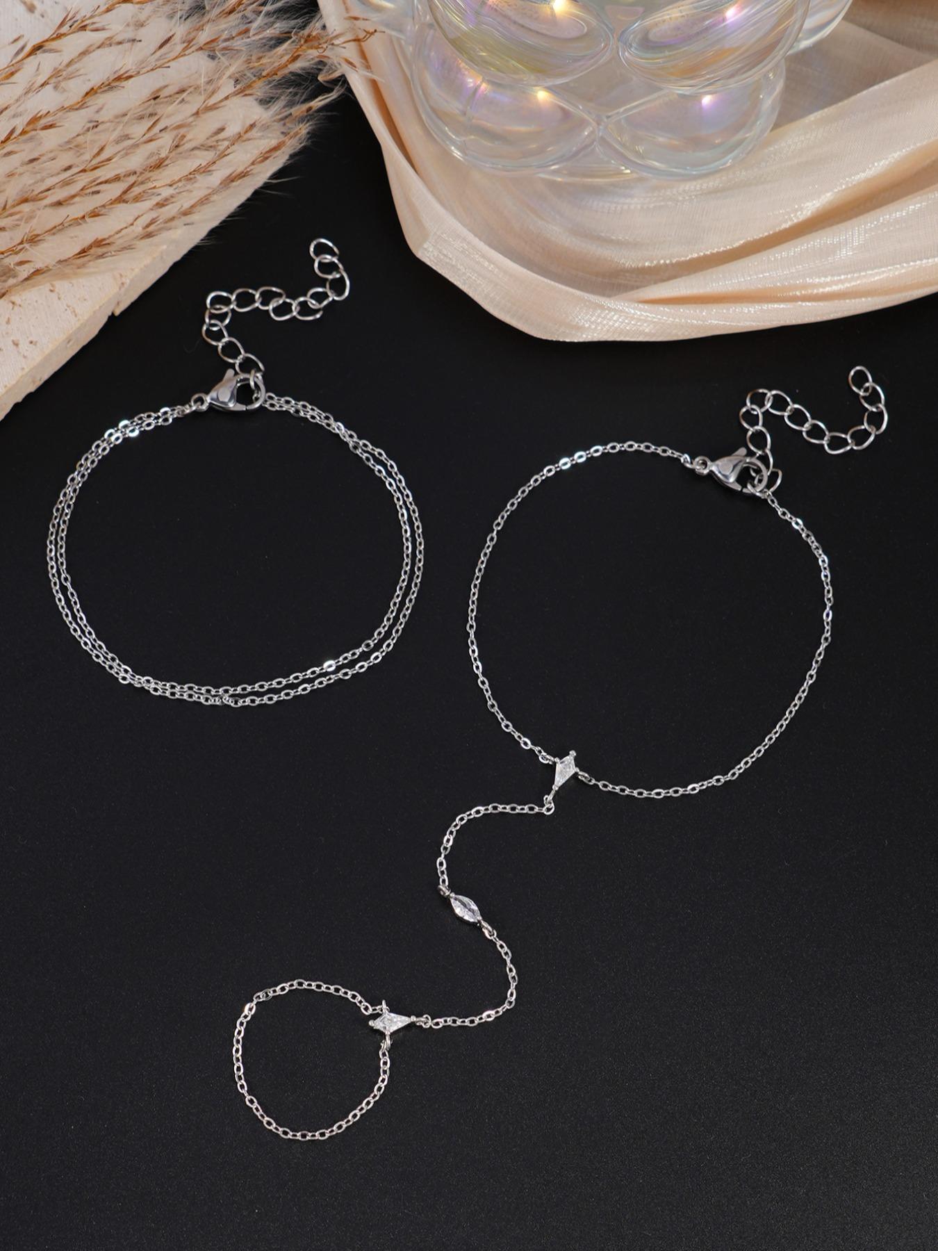 Women's Layered Zirconia Cubic Oxidized Finger Ring Bracelet Set, Perfect for Parties & Festivals, Sparkling Jewelry Accessories