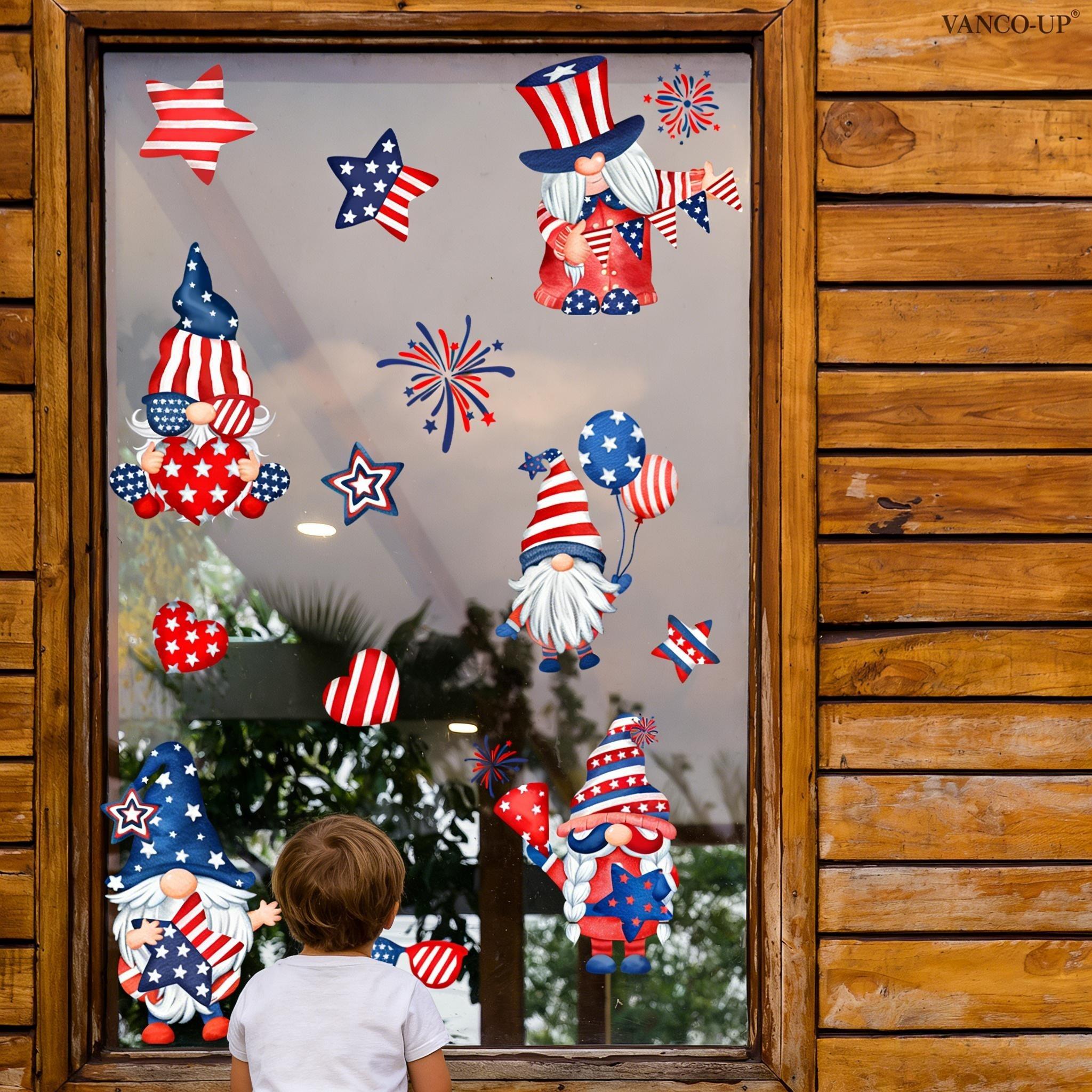 Set of 2 Pcs 30×30cm Independence Day Cartoon Stars & Stripes Gnome Double-Layer Static Window Clings for Bedroom Kids Room Glass Festival Decor