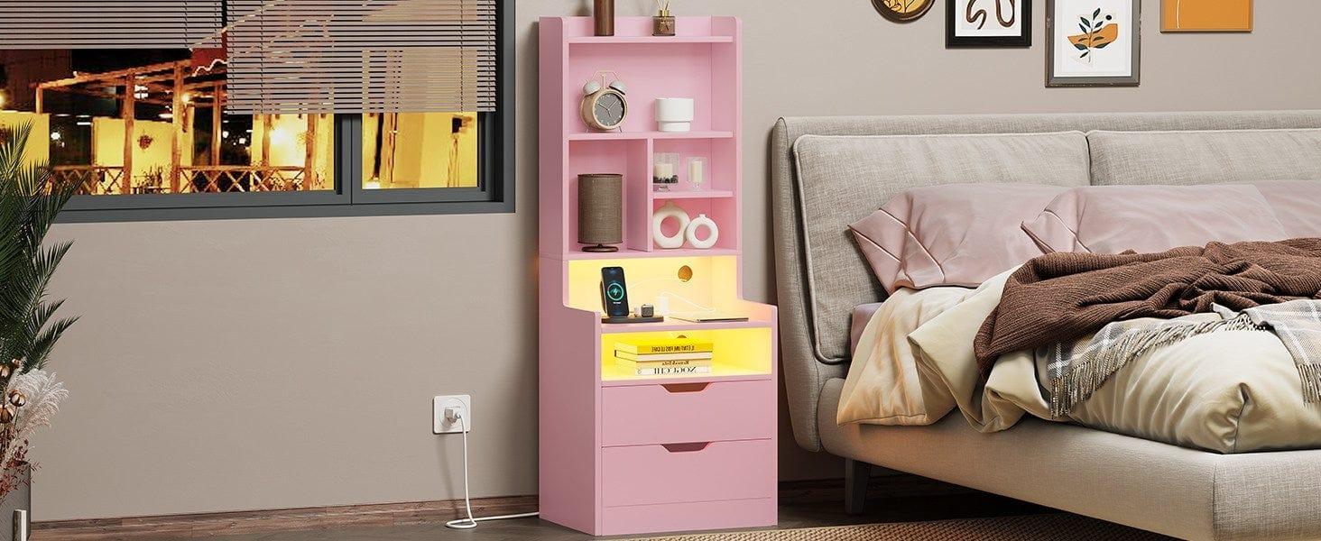 Sikaic LED Tall Nightstand with Bookshelf Charging Station Pink Modern Bedside Table with 2 Storage Drawers and Open Storage Space night light gift for teen girl