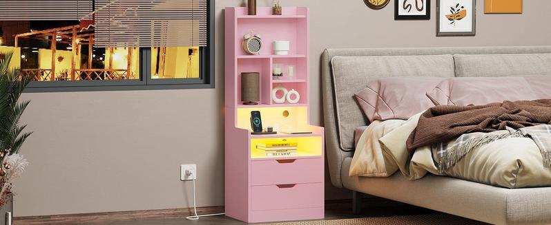 Sikaic LED Tall Nightstand with Bookshelf Charging Station Pink Modern Bedside Table with 2 Storage Drawers and Open Storage Space night light gift for teen girl