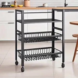 A portable storage rack with adjustable three-tier kitchen shelves, equipped with three wire baskets. This kitchen storage rack is a metal shelf with wheels, suitable for garages, pantry, bathrooms, and upright shelves
