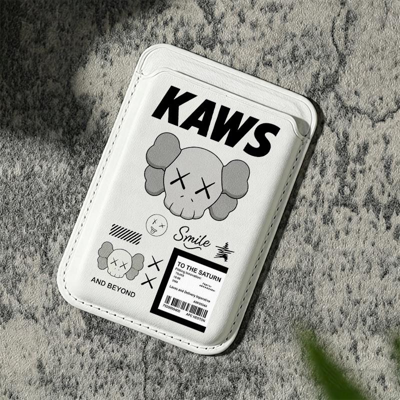 Trendy KAWS Collage Magnetic Smartphone Card Holder - Strong Polyurethane Leather Handheld Cover for iPhone 17/16/15/14/13/12, Samsung/Google/Motorola, Holds 2 Cards, Includes Free Metal Ring Adapter for Cellphone Protection, Mobile