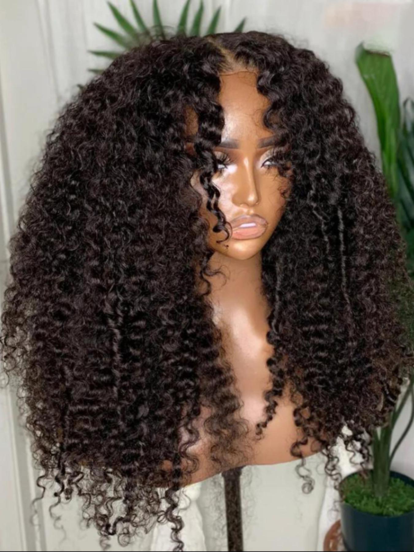 Soft Long 26-Inch 180 Density Natural Black Kinky Curly Lace Front Wig, Glueless Pre-Plucked Synthetic Heat Resistant Daily Wear Hairpiece Kinky Curly Wigs Lace Frontal Wigs