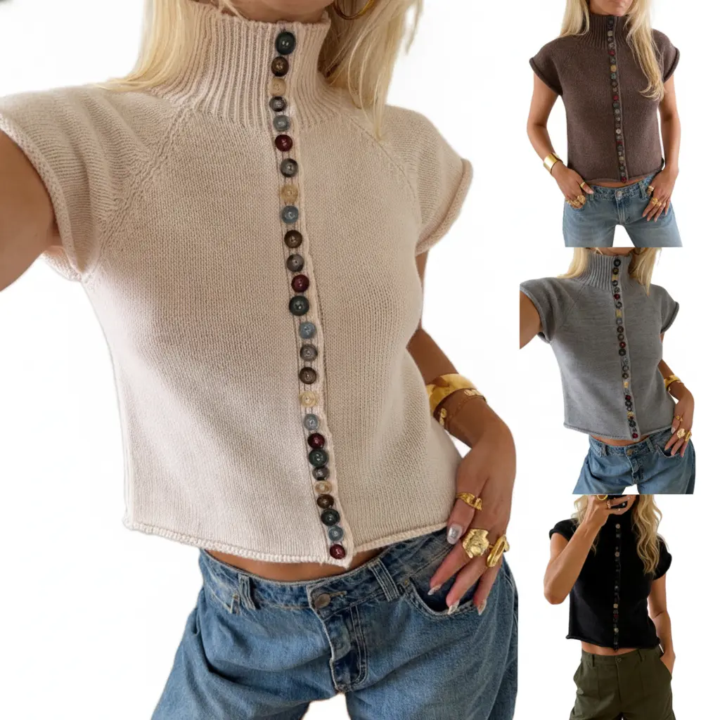 Y2K Women Turtleneck Cap Sleeve Knit Shirt Colorful Button Down Raglan Short Sleeve Cropped Sweater Casual Basic Blouse