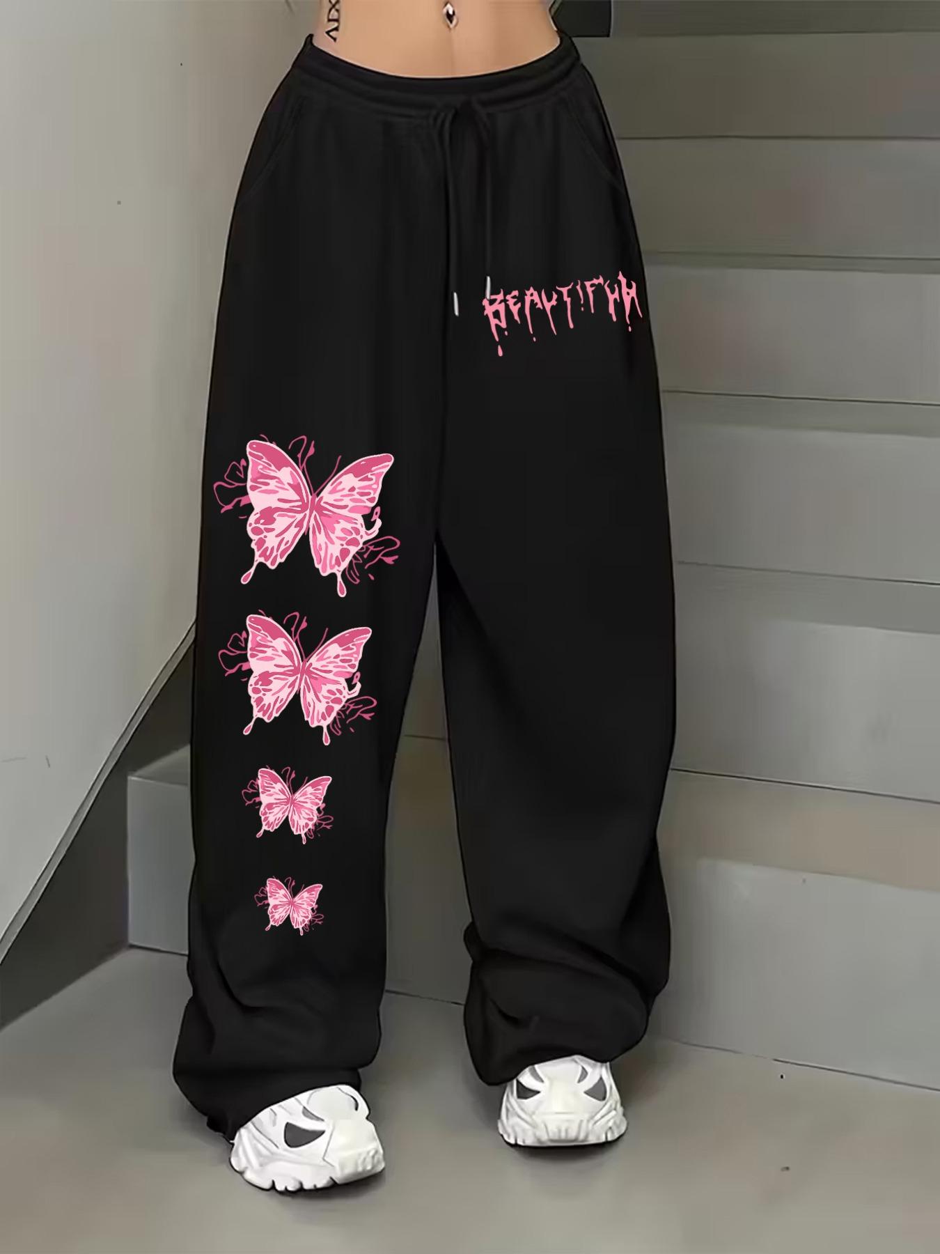 Women's Baggy Sweatpants High Waist Pink Butterfly Graffiti Print Streetwear Pants - Edgy Aesthetic Joggers, Soft Comfortable Drawstring Waist Vintage Graphic Lounge Pants with Pockets for Women, Aesthetic Streetwear Casual Sporty Trousers