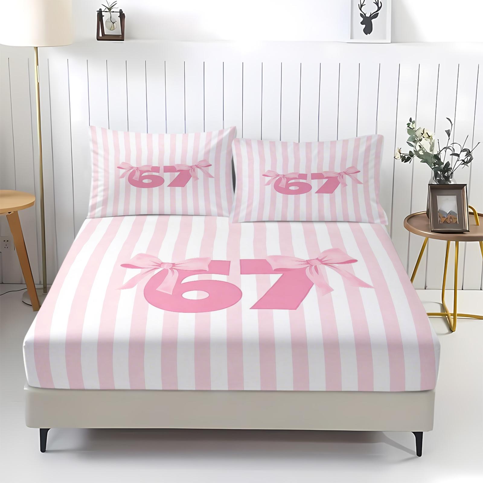Girly-Style 67 Number Meme Limited Fitted Sheet Set (2 Pillowcases Included) | Soft & Comfortable, Creative Trendy Gift, Home Personality Highlight Bedsheet Sets