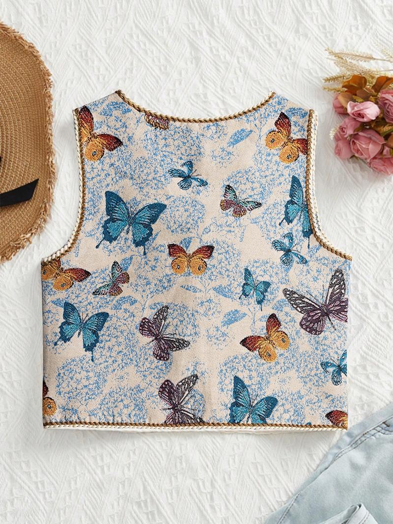 Women's Floral Pattern Tie Front V Neck Vest, Boho Sleeveless Outerwear for Beach Vacation Holiday, Ladies Clothes for All Seasons