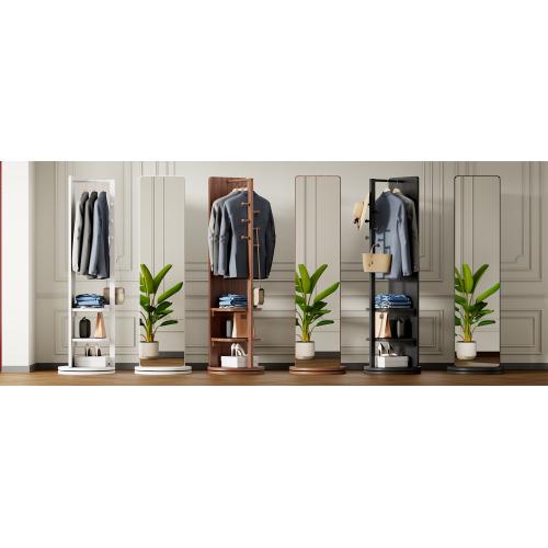 360° Rotating Solid Wood Full Body Mirror – 66"x14" Freestanding Mirror with Hooks & Multi-Layer Storage, Coat Rack Organizer for Bedroom, Living Room, or Cloakroom, Walnut