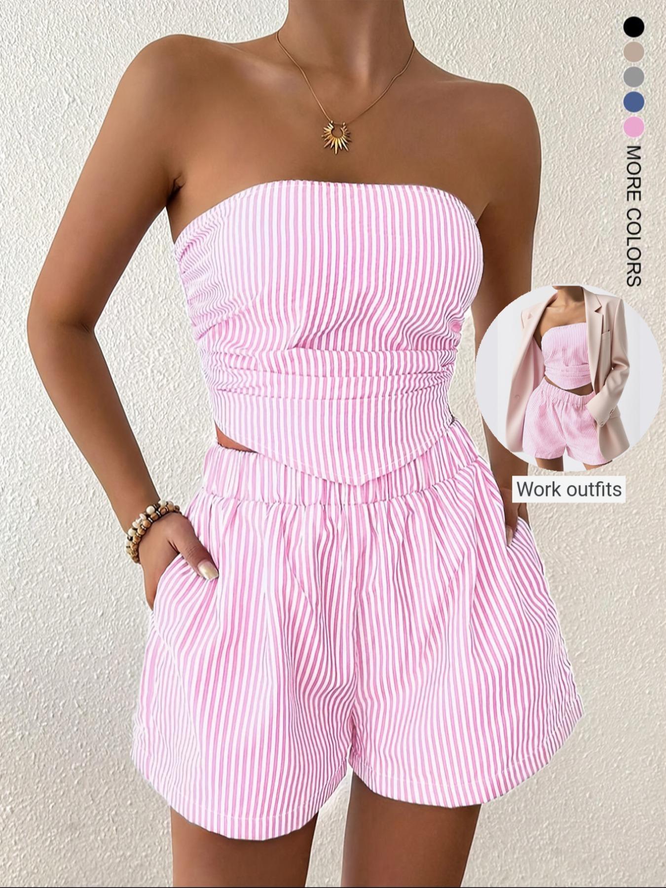Women's Casual Striped Crop Top and Shorts Set, Fitted Ruched Design, Two-Piece, Perfect for Daily Wear