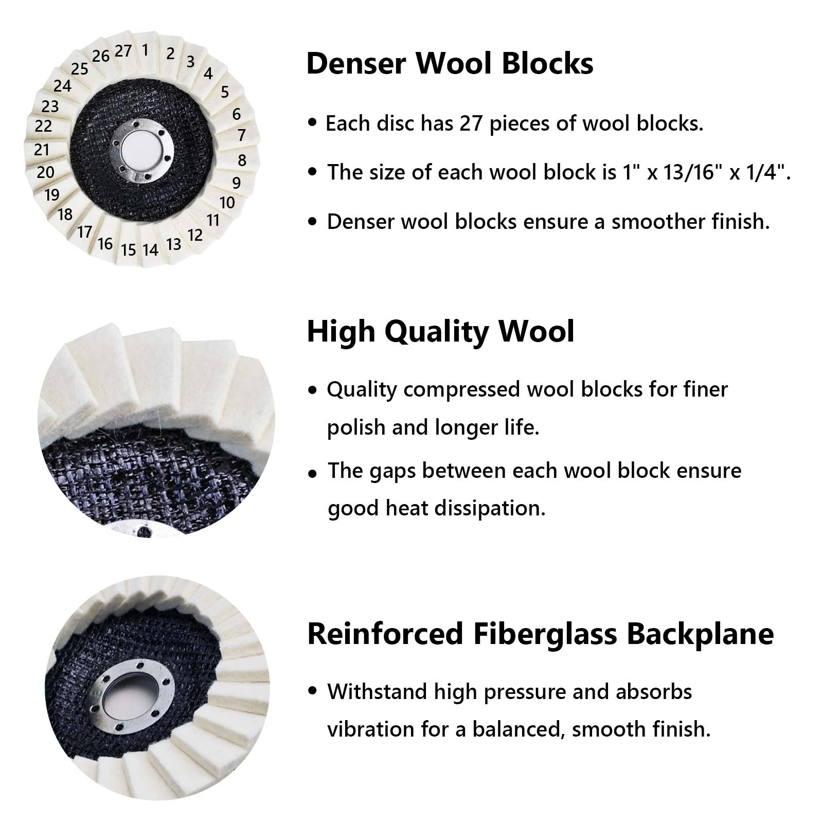 4 Pcs 5-In (125mm) Wool Buffing Wheels, Power Tool Accessories with Fiberglass Backer for Vibration Absorption, Heat Dissip., 7/8" Arbor Angle Grinder Fit, Tile/Glass/Metal Scratch Repair & Car Paint Mirror Finish