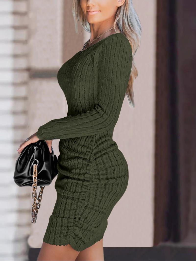 Women One Shoulder Bodycon A Line Dress Ribbed Knit Ruched Mini Dress Long Sleeve Slim Fit Knitwear Gold Chain Strap Asymmetric Neckline Fall Winter Party Clubwear Stretchy Waist Hugging Solid Color Soft Girl Fashion Trendy Outfit