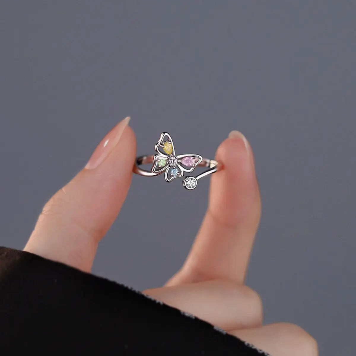 Original S925 Sterling Silver Butterfly Diamond Rotating Ring, Personalized Ice Flower Cut Adjustable Index Finger Ring, Niche Design Atmosphere Silver Accessory