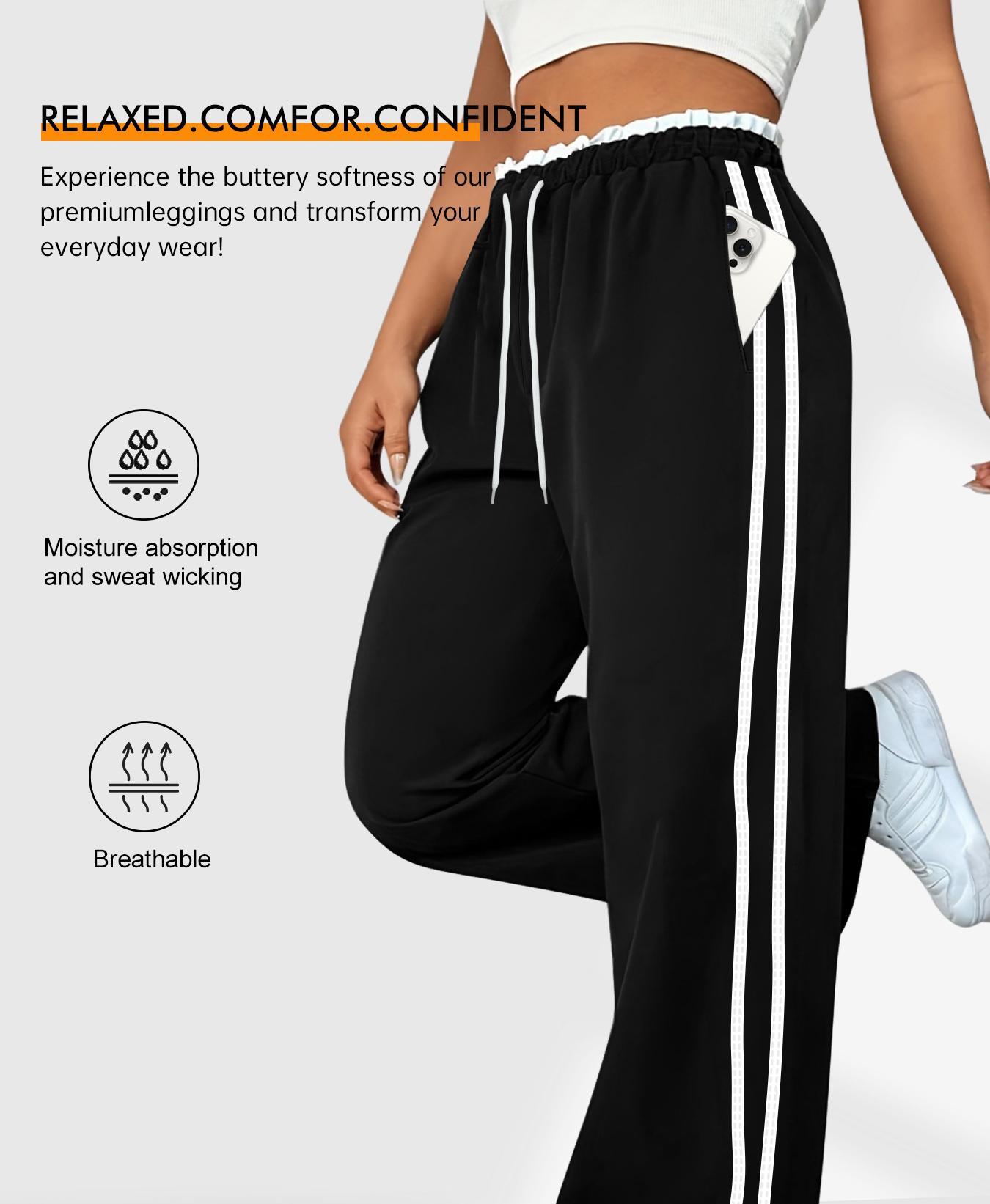 Plus Size Women's Wide Leg Pants with Drawstring Elastic Waist, Lace Waist Design, Side Stripes and Pockets for Versatile Wear, Athleisure Style Pants