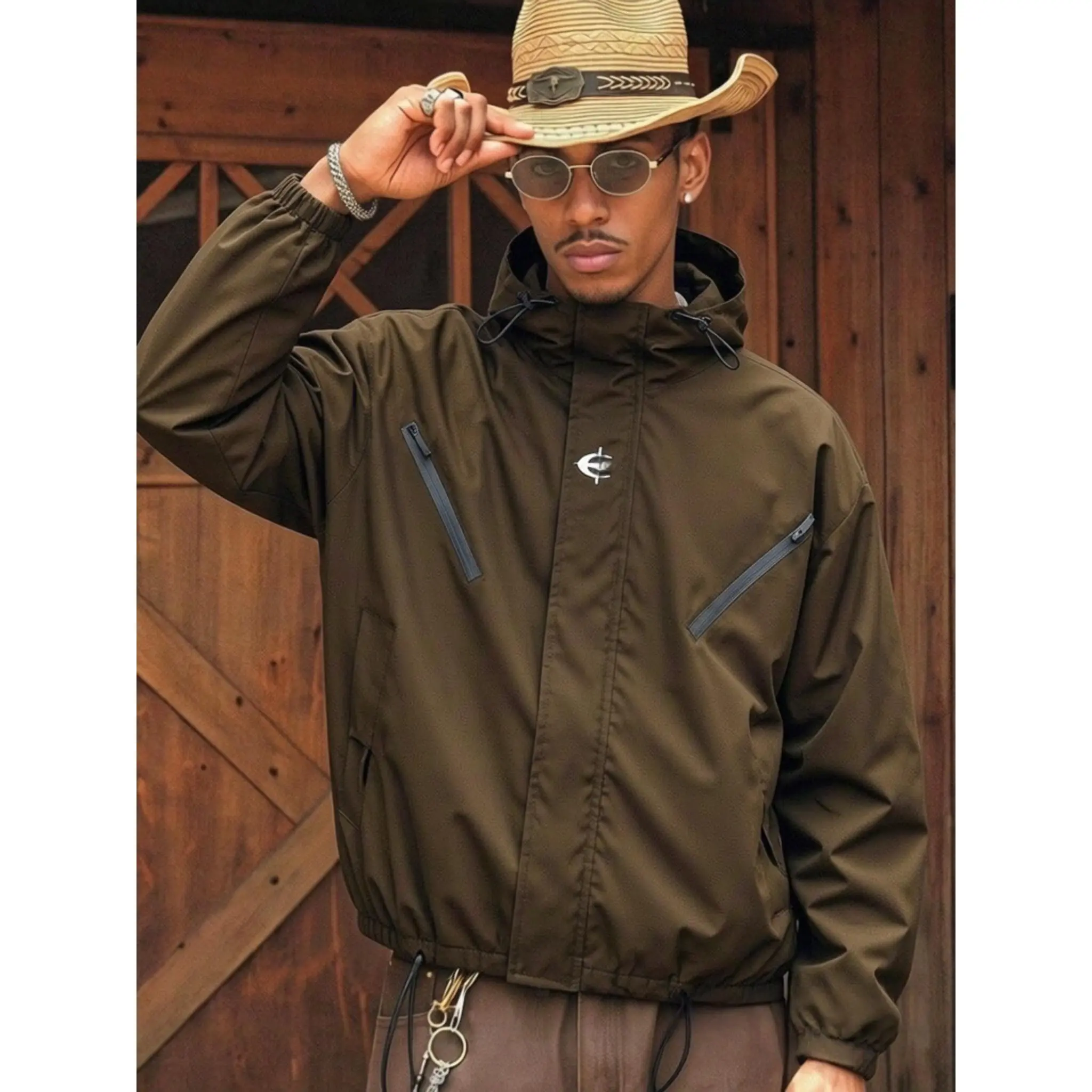 Men Lightweight Zip Hooded Windbreaker Jacket, Water Resistant Cropped Western Streetwear Wind Coat with Zipper Pockets