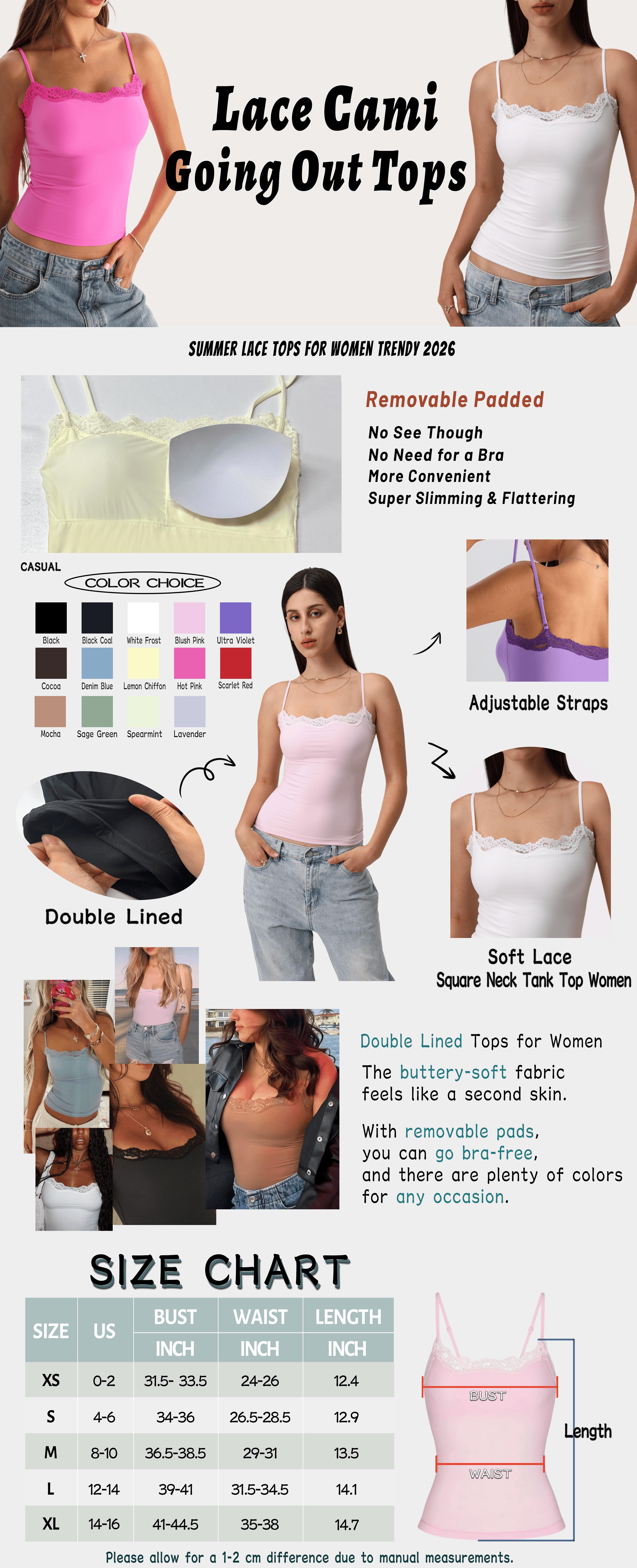 Starrylion Padded Lace Cami Top Double Lined Sexy Tank Top Spaghetti Strap Club Party Shirt