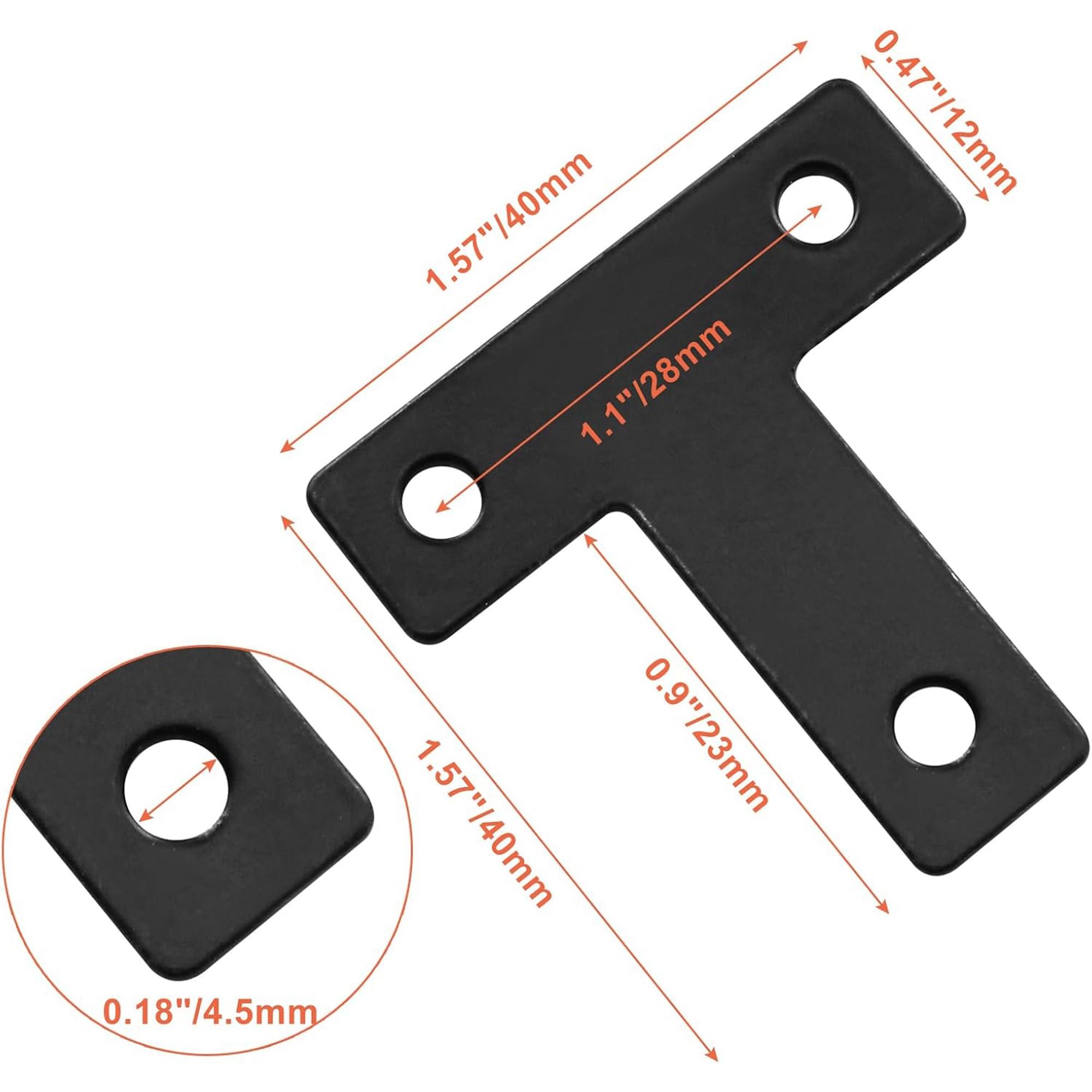 T Shape Flat Mending Plates 40mm x 40mm (1.57" x 1.57") T Corner Braces T Bracket Connector Fixing Repair Plates for Wood Furniture, Cabinet, Windows, Black