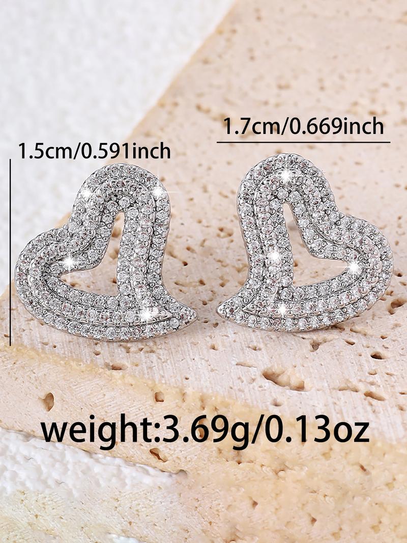 1 pair Silver - Tone Copper Twisted Heart Shaped Earrings: Pave - Set CZ, Cubic Zirconia, Chic Asymmetric Design for Daily Glam & Date Nights