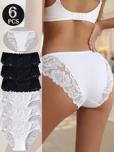6 Pcs Mid-Waist Lace Trim Underwear Set, Seamless Cut + Breathable Mesh, Soft Skin-Friendly, Invisible Under Tight Dresses