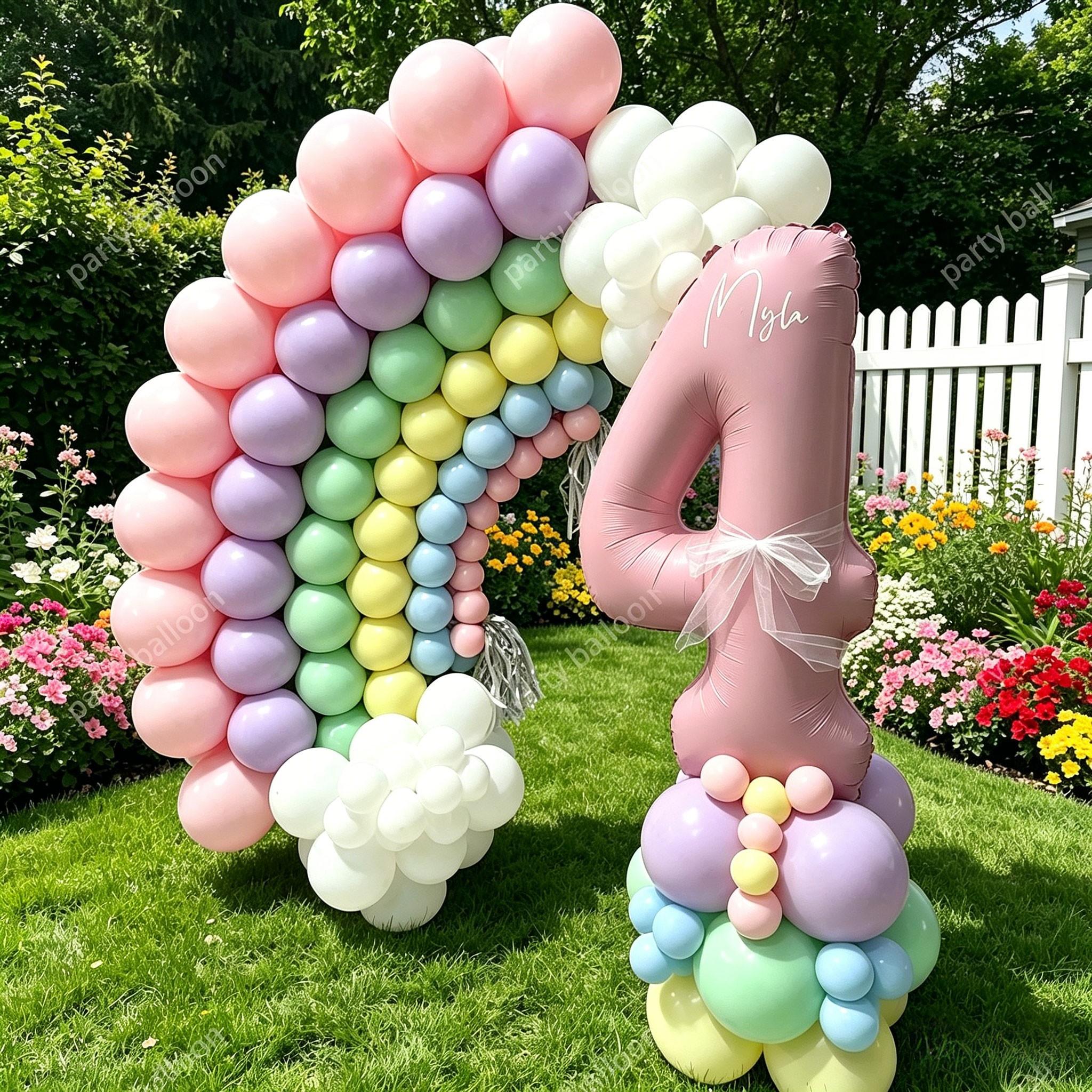 113 Piece Macaron Rainbow Number Balloons Set, Balloon Decorations Kit, 32 Inch Numbers 0-9, Party Decor for Birthday, Wedding, Kids' Festival