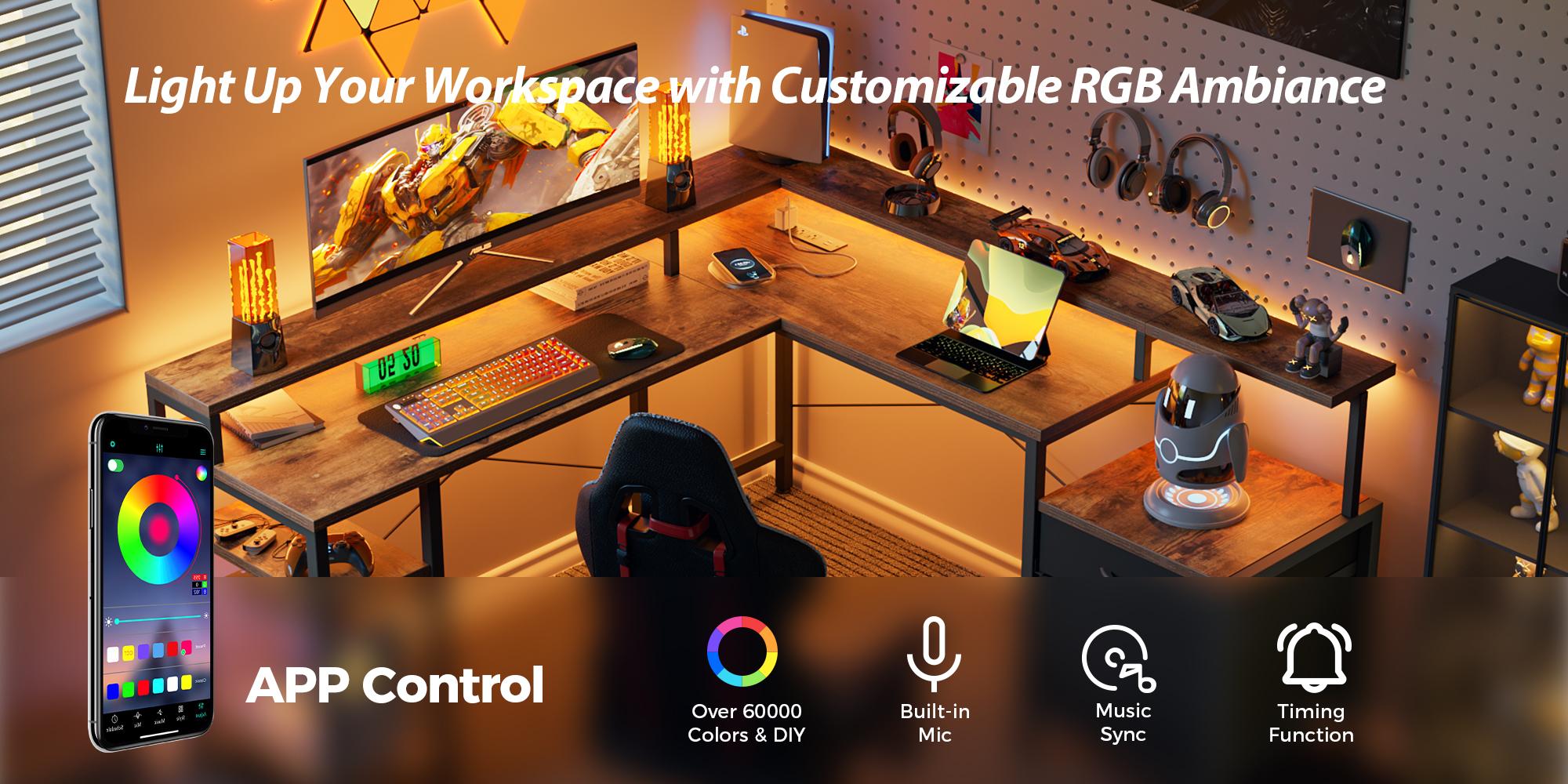 66.93" L Shaped Desk with Storage Drawers, Gaming Desk with Power Outlet & LED Light Strip,Computer Desk, Corner Desk with Shelves for Home Office Workstations