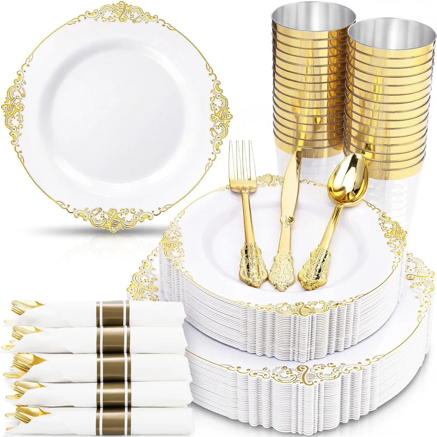 350Pcs Gold Plastic Plates, Disposable Dinnerware Set for 50 Guests |   100 White Disposable Plates, 50 Pre Rolled Silverware Set, 50 10oz Cups, Perfect for Wedding, Party, Back to School, BPA-free