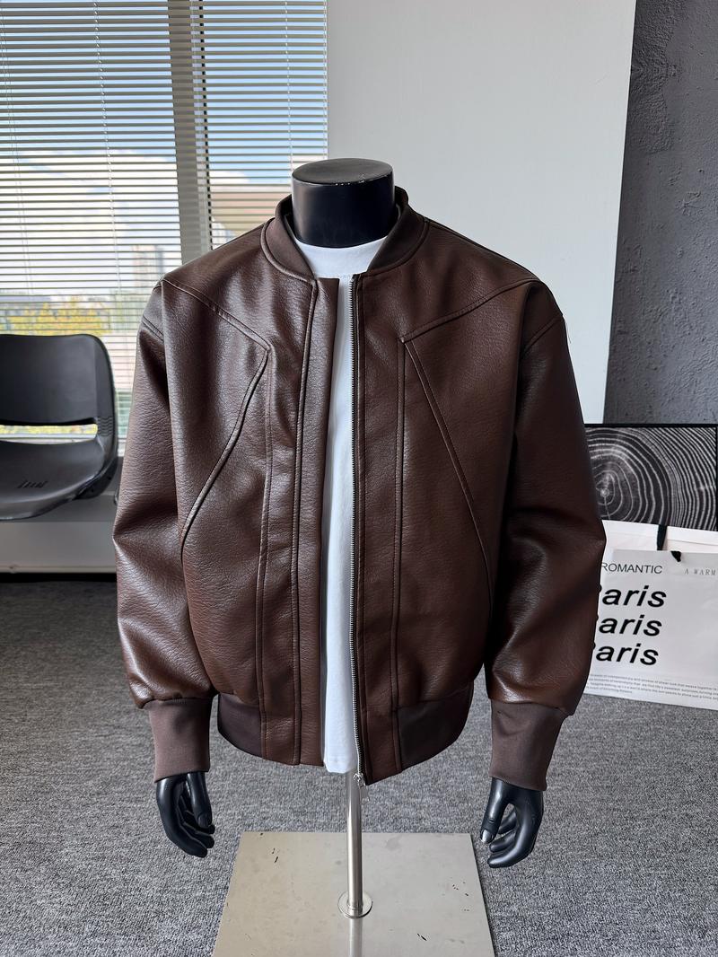 Men's Windproof Leather Jacket with Zipper Closure Solid Color Sport Style Pilot Motorcycle Model Multi-functional Outerwear Collared Neck Long Sleeve Fitted Casual Coats