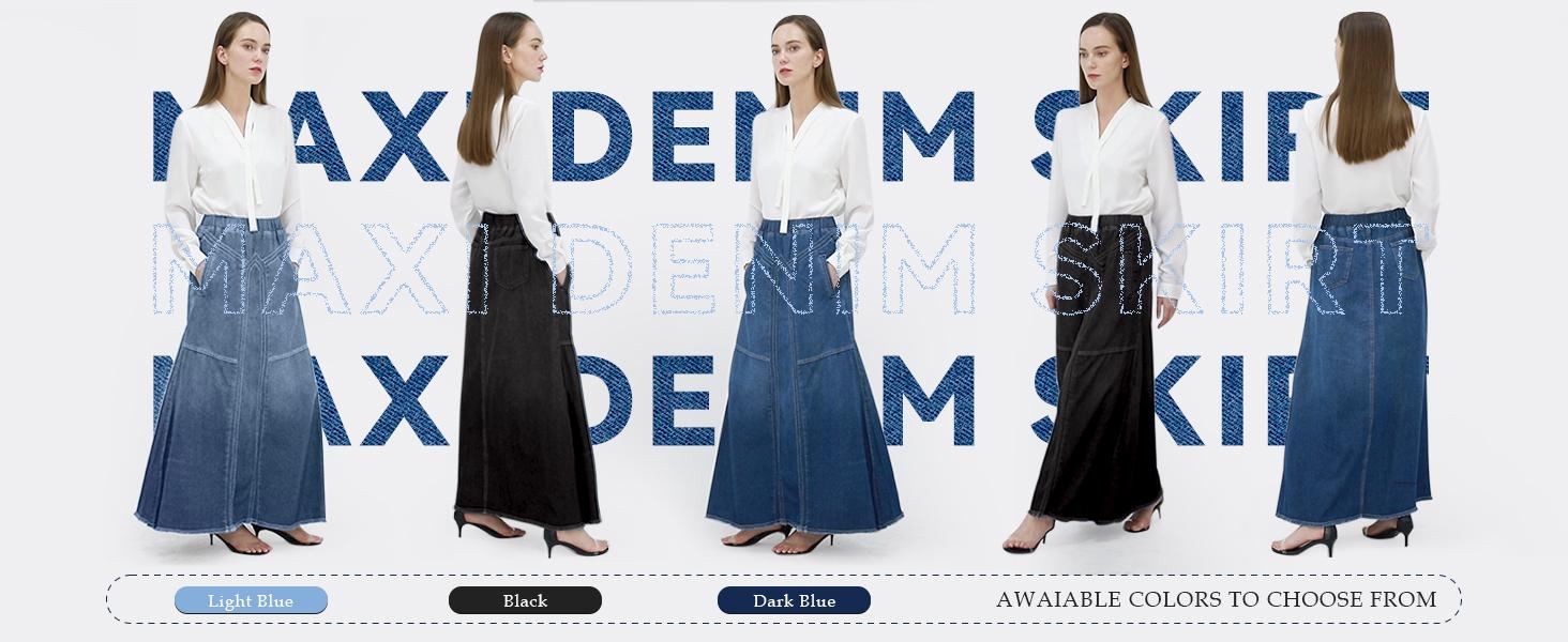 CHARTOU Women's A-line Long Denim Skirt Vintage Stretch High Waist Frayed Denim Skirt with Pockets Maxi Black