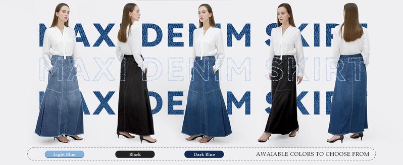 CHARTOU Women's A-line Long Denim Skirt Vintage Stretch High Waist Frayed Denim Skirt with Pockets Maxi Black