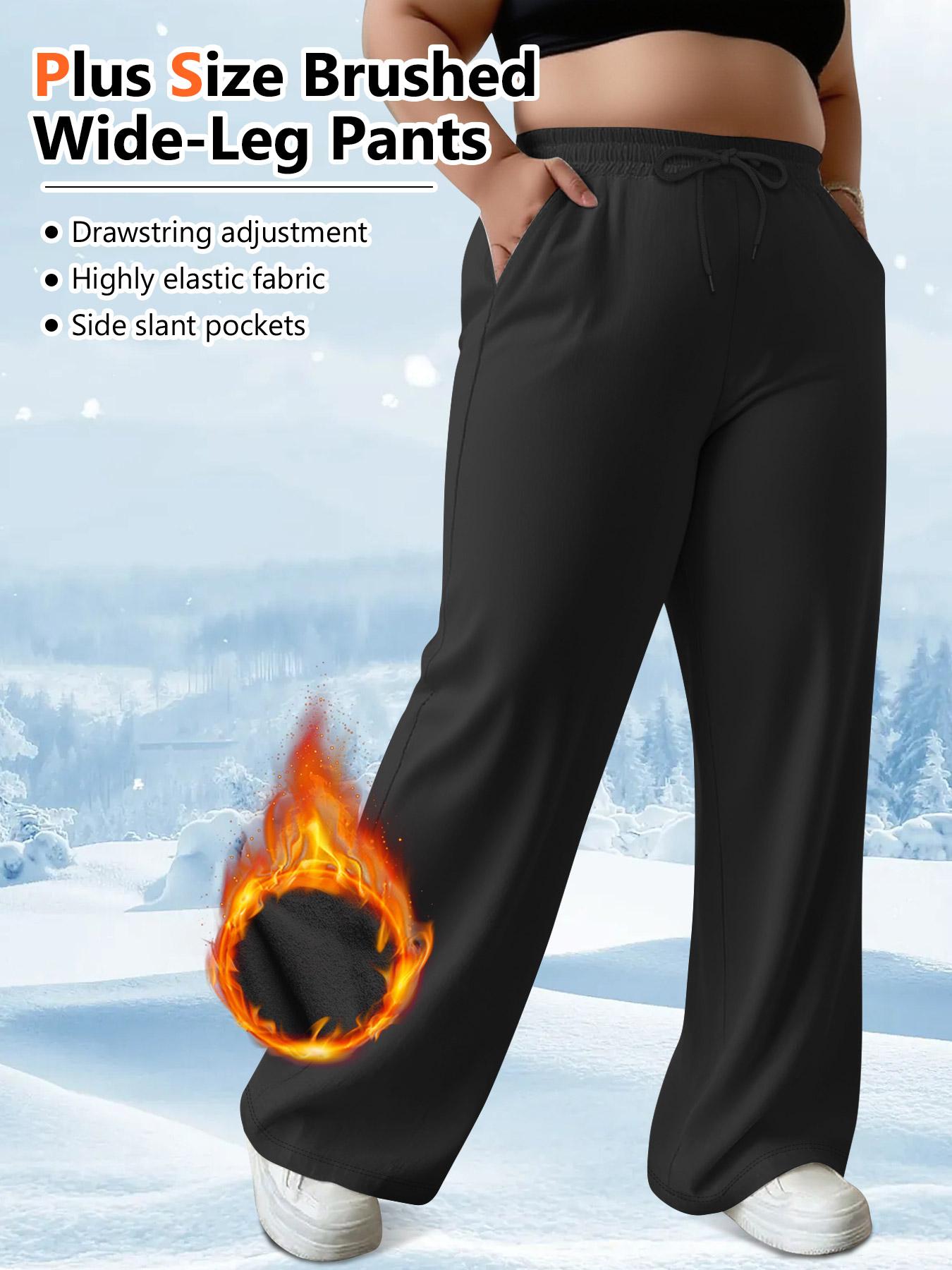 Plus Size Women's High Stretch Fleece Wide Leg Pants with Drawstring Pockets, Warm Comfortable Fall Winter, Casual Daily Wear