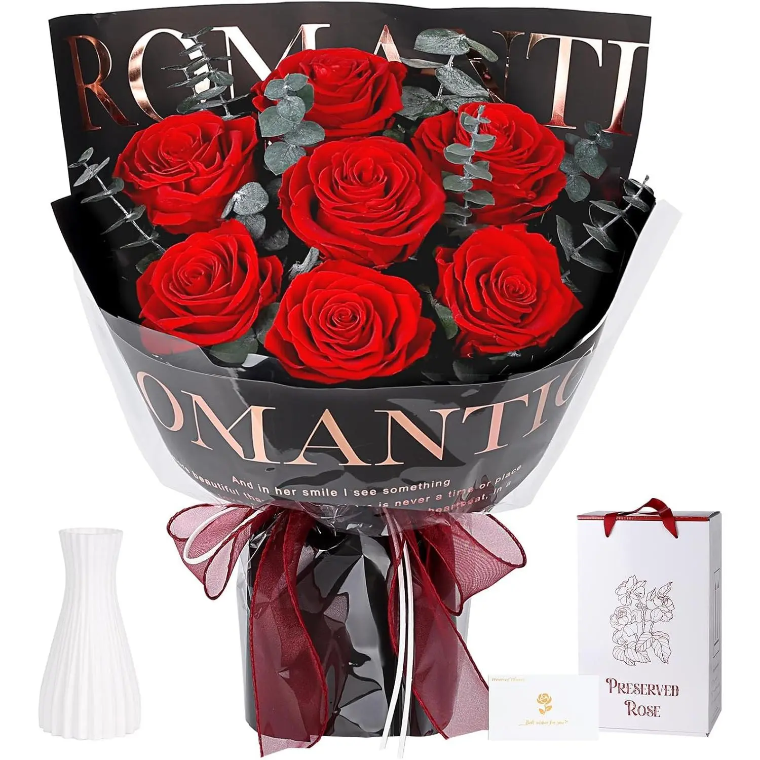 Preserved Flowers for Delivery, 7 Red Roses Black Wrap, Gifts for Women Her | 7 Real Roses, Vase Included, Gift Box & Card, Lasts 3+ Years, Anniversary & Birthday Gifts for Women Mom Wife Girlfriend Her