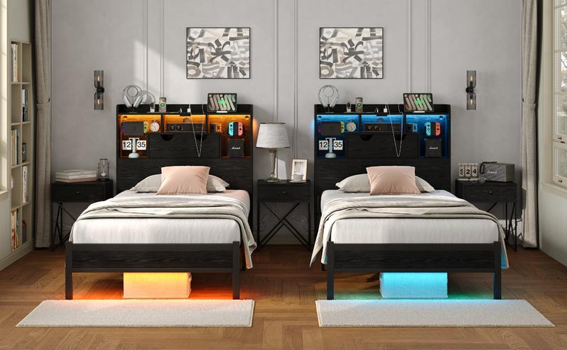 FUSOU RGB Light Bed Frame with Charging Station, Metal LED Platform Bed with Headboard,[FRAME ONLY NO MATTRESS] Storage Space Under Bed, Brightness Adjustable, Heavy Duty, No Box Spring Needed, Black Twin size, Full Size, Queen Size