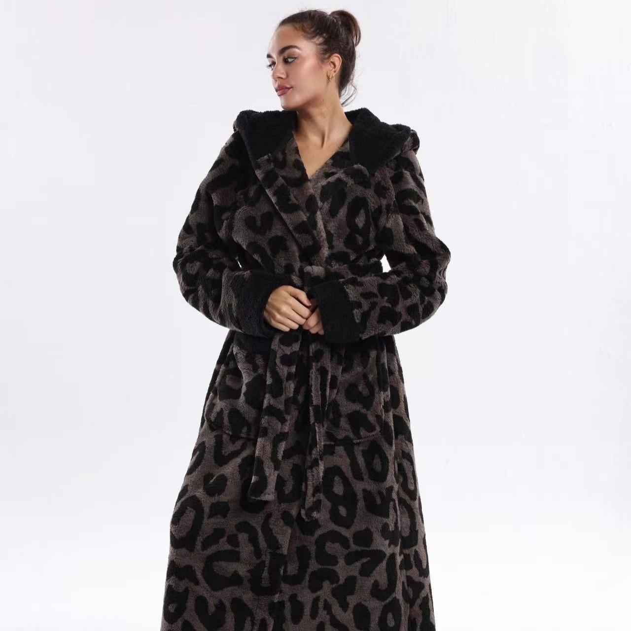 European Elegant Coffee Leopard Print Flannel Bathrobe Loungewear Nightwear, Hooded with Belt and Pockets, Unisex Fit, Soft and Comfortable