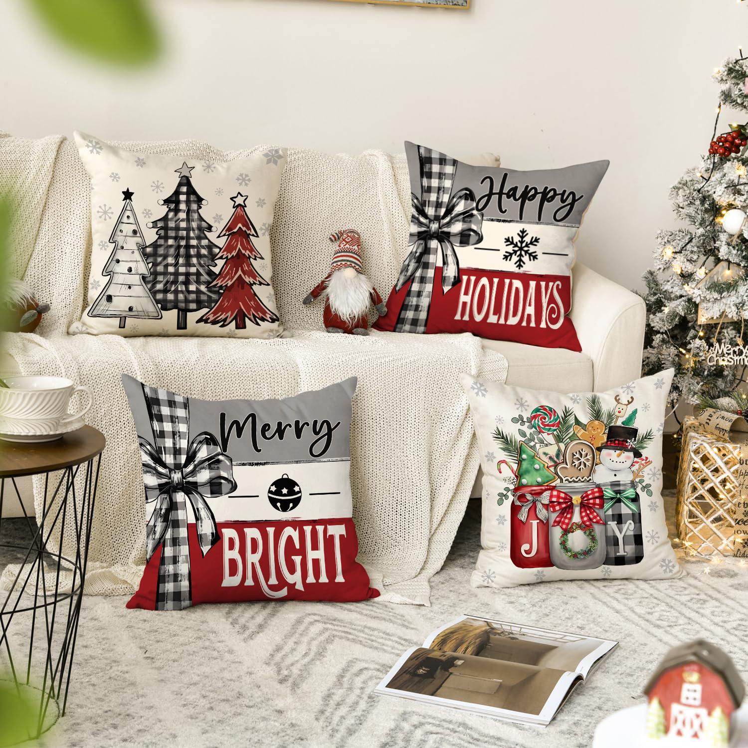 4pcs Christmas Pillow Covers Set, Tree Santa Snowflake Reindeer Prints, Winter Holiday Home Decor Cushion Cases for Bedroom Sofa Car Decoration, Halloween