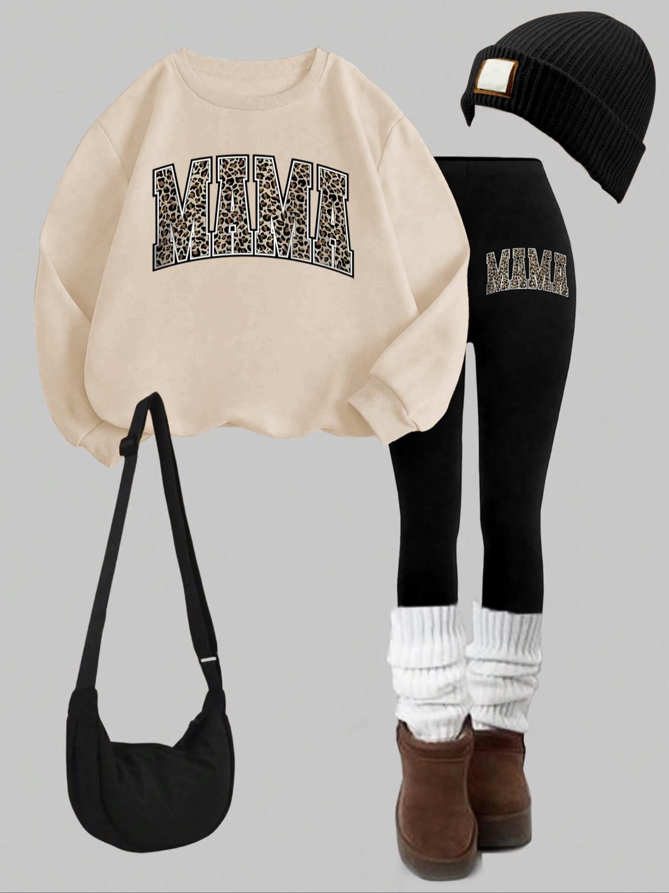 Women's 2-Piece Sweatshirt Set, Mama Letter Print, Round Neck Long Sleeve, Fitted Bottoms, Casual Fall & Winter, Womenswear