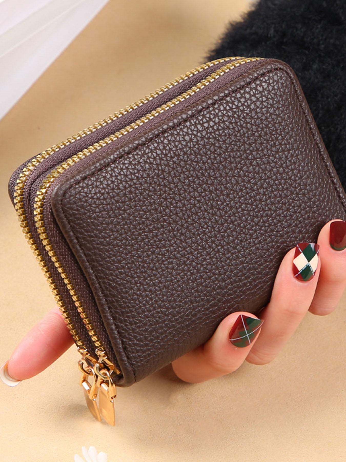 Women's Black Quilted Short Wallet, Slim Bi-Fold Card Holder, Zippered Coin Pocket, Simple Wallet