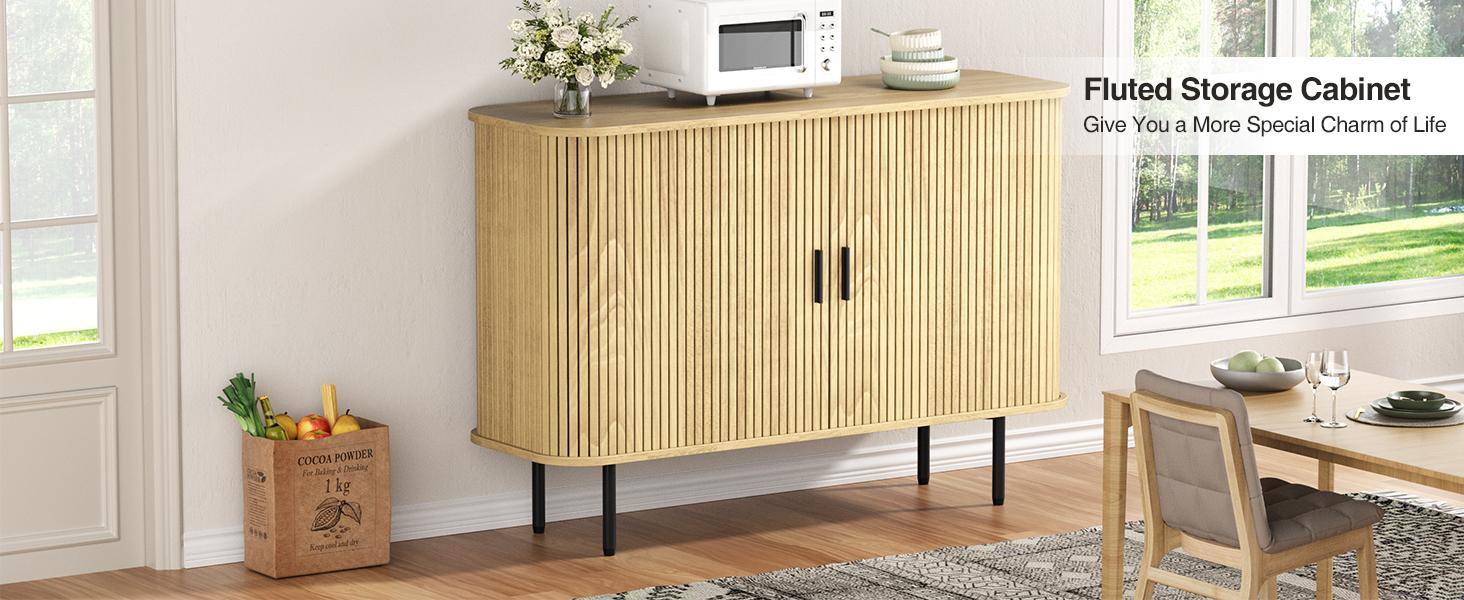 Vabches Buffet Sideboard Cabinet with Storage, Fluted Storage Cabinet Black with Curvy Edge; Sliding Door Coffee Bar, Accent Cabinet Credenza Console Table for Living, Kitchen, Hallway