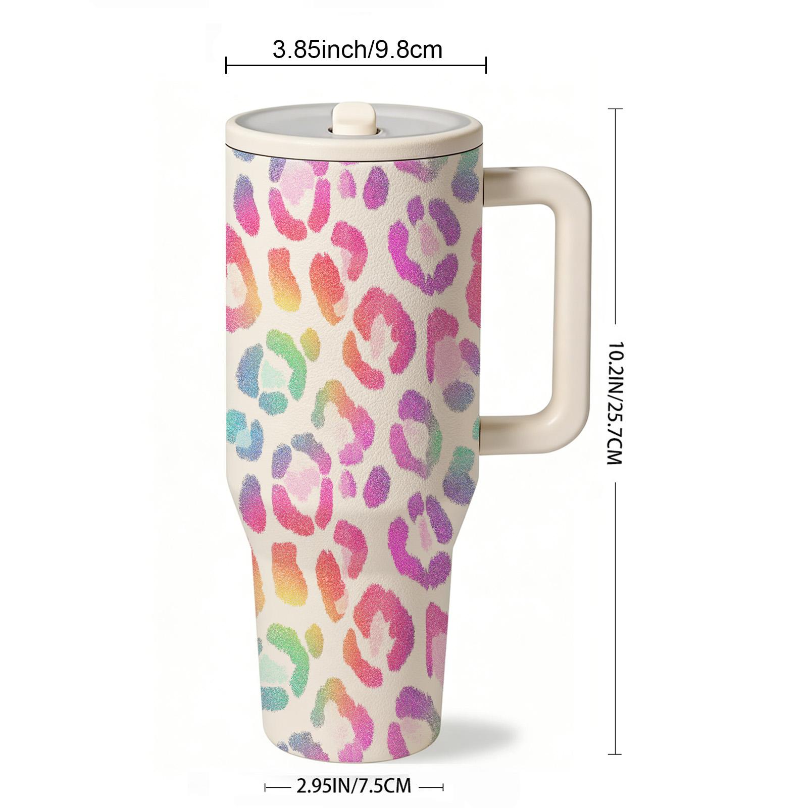1 Pc Rainbow Leopard Print thermal mug, Vacuum insulated tumbler,40oz with handle, double wall vacuum insulated stainless, leak proof lid, keeps hot 12h cold 24h, for iced coffee tea water, sweat free grip, travel office daily, gift for women men