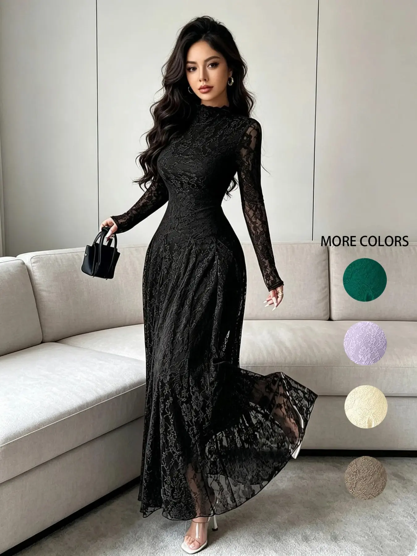 Vintage Lace Fish Tail Long Dress, Half High Neck Long Sleeve Bodycon A-Line Gown, Elegant Party Dress for Women