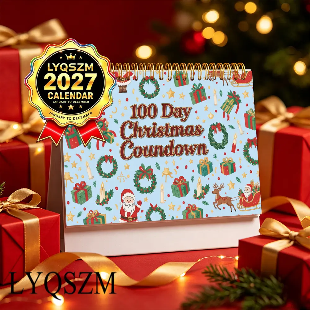 100 Day Christmas Countdown Calendar 2027 Desktop Spiral Flip Desk Toy Gift Decor with Santa Reindeer Wreath Illustrations for Holiday Season New Year Birthday Party Table Centerpiece Decoration