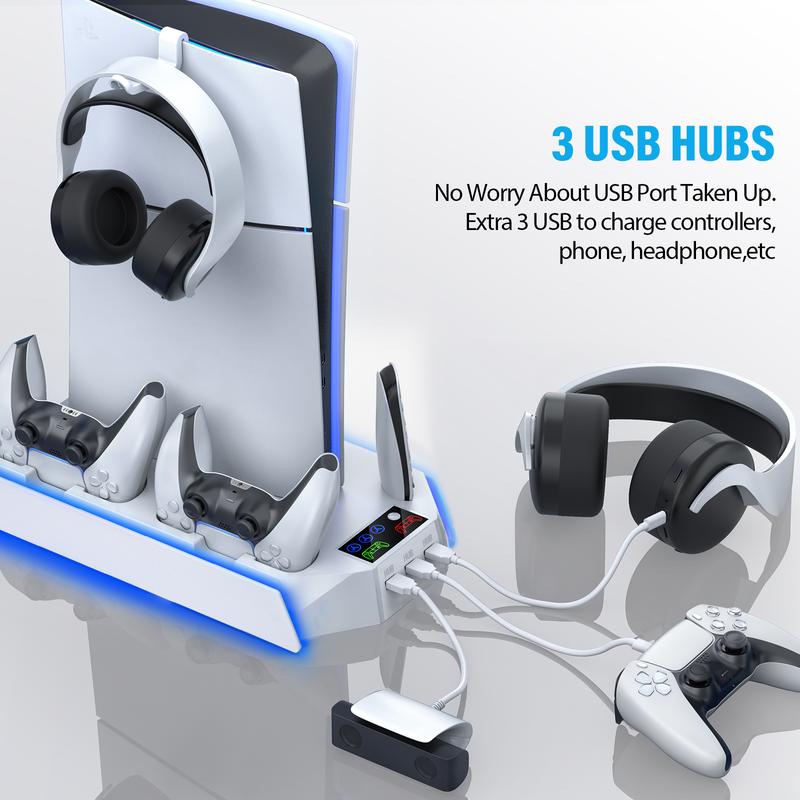 Cooling Stand for PS5 with Dual Controller Charging Base for PS5 Console Disc/Digital, 3 Levels Cooling Fan 3 USB Hub, PS5 Accessories Cooling Stand for PS5 with Dual Controller Charging Base for PS5 Console Disc/Digital, 3 Levels Cooling Fan 3 USB Hub, PS5 Accessories