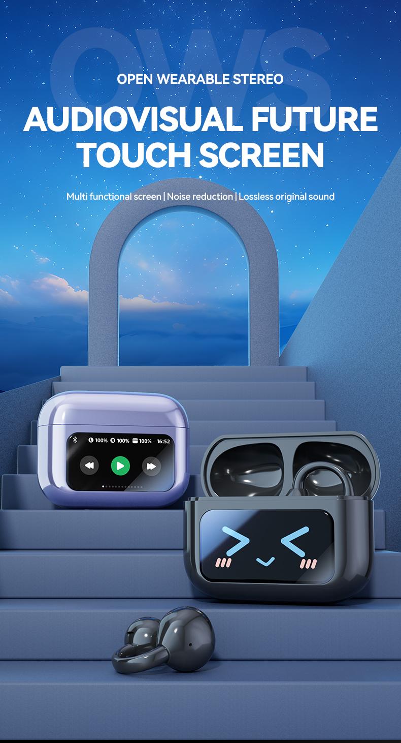 PIXNMO Clip On Ear Headphones with LCD Full Color Touch Screen, Bluetooth 5.4 Waterpfoof Earbuds, Audio Wireless Headphones for Music & Phone Calls