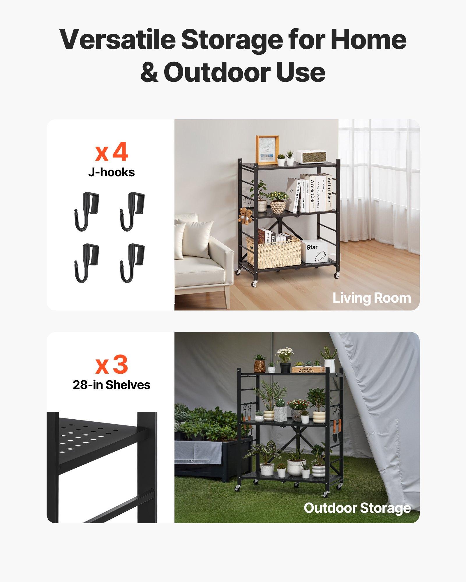 VEVOR 3-Tier Foldable Carbon Steel Storage Shelves, 13x28x36" Folding Metal Rack Unit, No-Assembly Organizer with 5 Wheels & 4 Hooks for Kitchen, Garage, Black