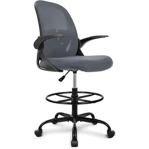 Ergonomic Tall Drafting Office Chair with Flip Up Adjustable Armrests Built in Lumbar Support Detachable Footrest Ring Height Adjustable Executive Rolling Computer Stool for Home Commercial Standing Desks