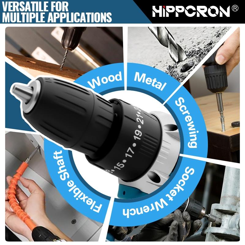 HIPPCRON 21V Cordless Impact Drill Driver Kit, 50N·m 25 GEARS+3 FUNCIONS Torque Settings with 3/8" Keyless Chuck, 800mAh Fast-Charge Battery & LED Light, Compact Professional-Grade Tool for Home Improvement & Auto Repair HIPPCRON 21V Cordless Impact Drill Driver Kit, 50N·m 25 GEARS+3 FUNCIONS Torque Settings with 3/8" Keyless Chuck, 800mAh Fast-Charge Battery & LED Light, Compact Professional-Grade Tool for Home Improvement & Auto Repair