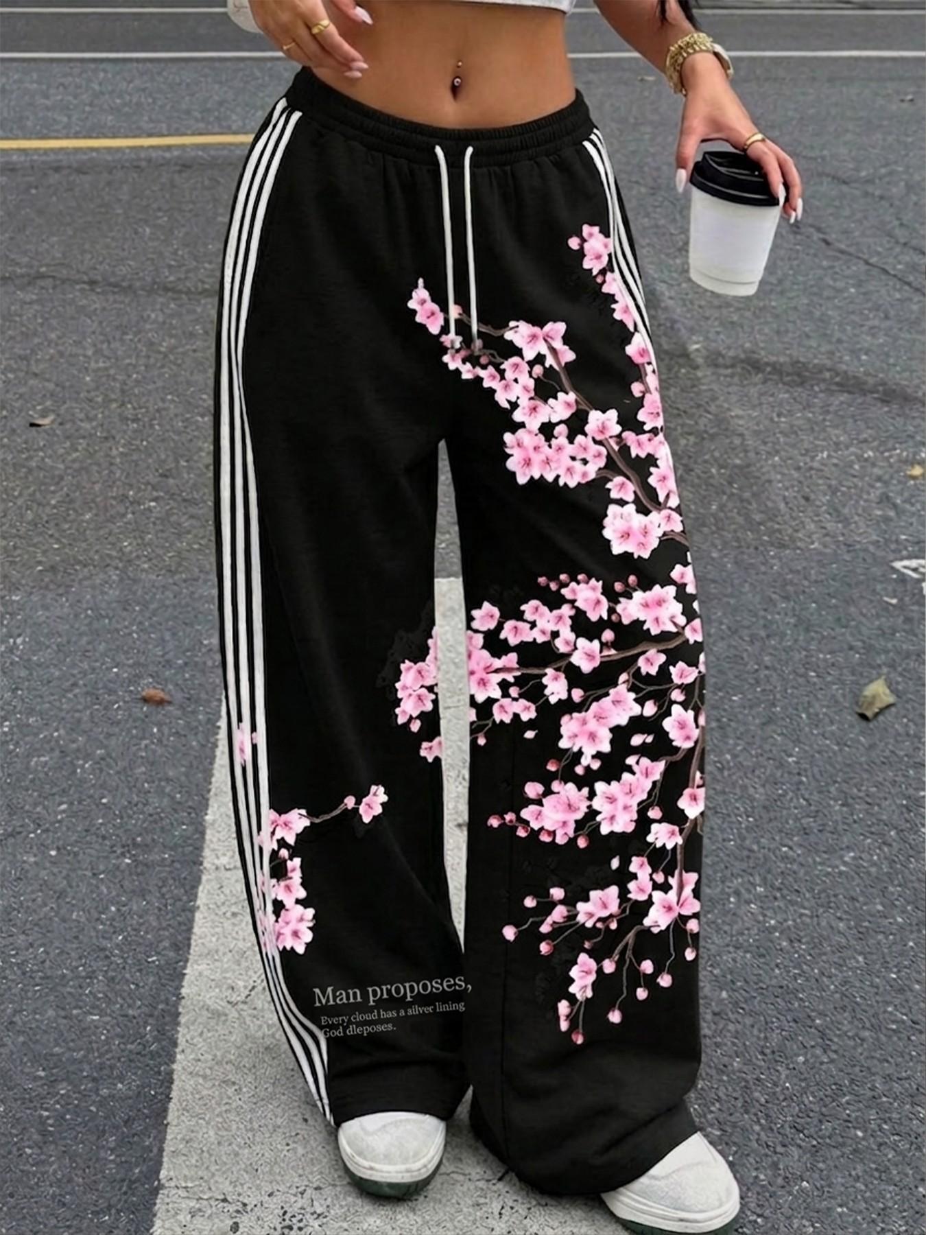 Women's Baggy Black Sweatpants Cherry Blossom Sakura Print Sporty Side Stripe Wide Leg Joggers High Waist Drawstring Y2K Streetwear Trousers