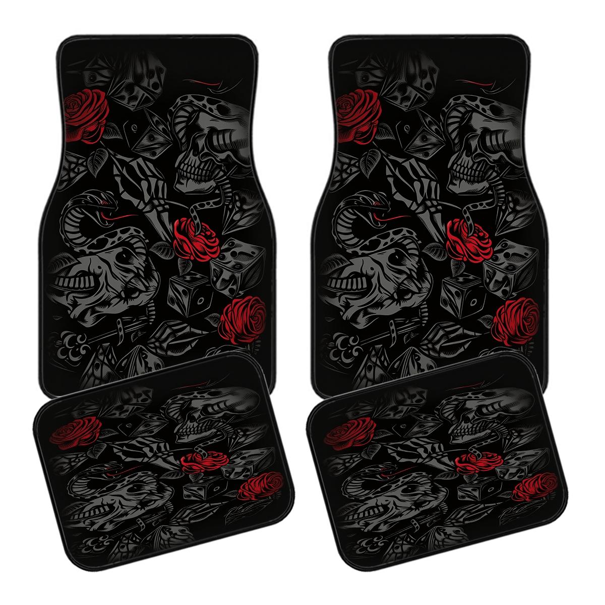 Four-Piece Retro Skull Rose Car Mats, Non-Slip Waterproof Floor Protectors, Universal Fit for Suvs and Cars, Ideal for Car Enthusiasts