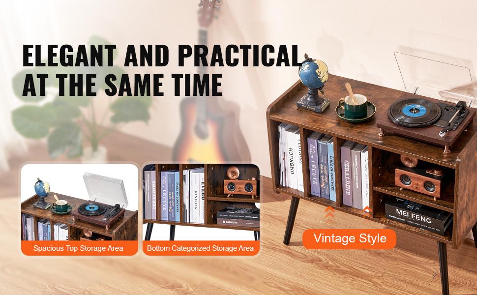 VEVOR Record Player Stand, Turntable Stand Holds Up to 220 Albums, Vintage Vinyl Record Cabinet with Removable Shelves, Record Player Table with Adjustable Height for Living Room, Bedroom, Brown